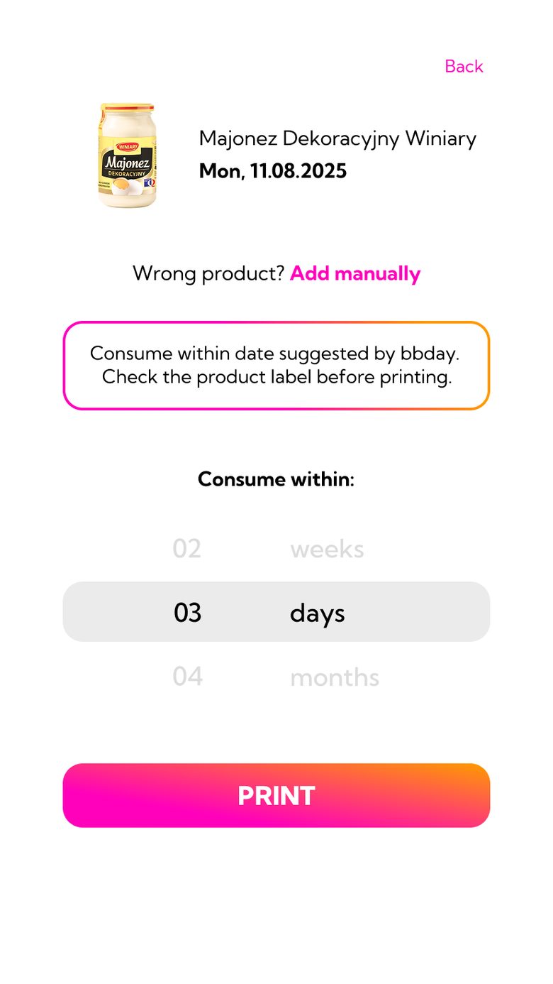 bbday app showing recognized product and consume-within suggestion