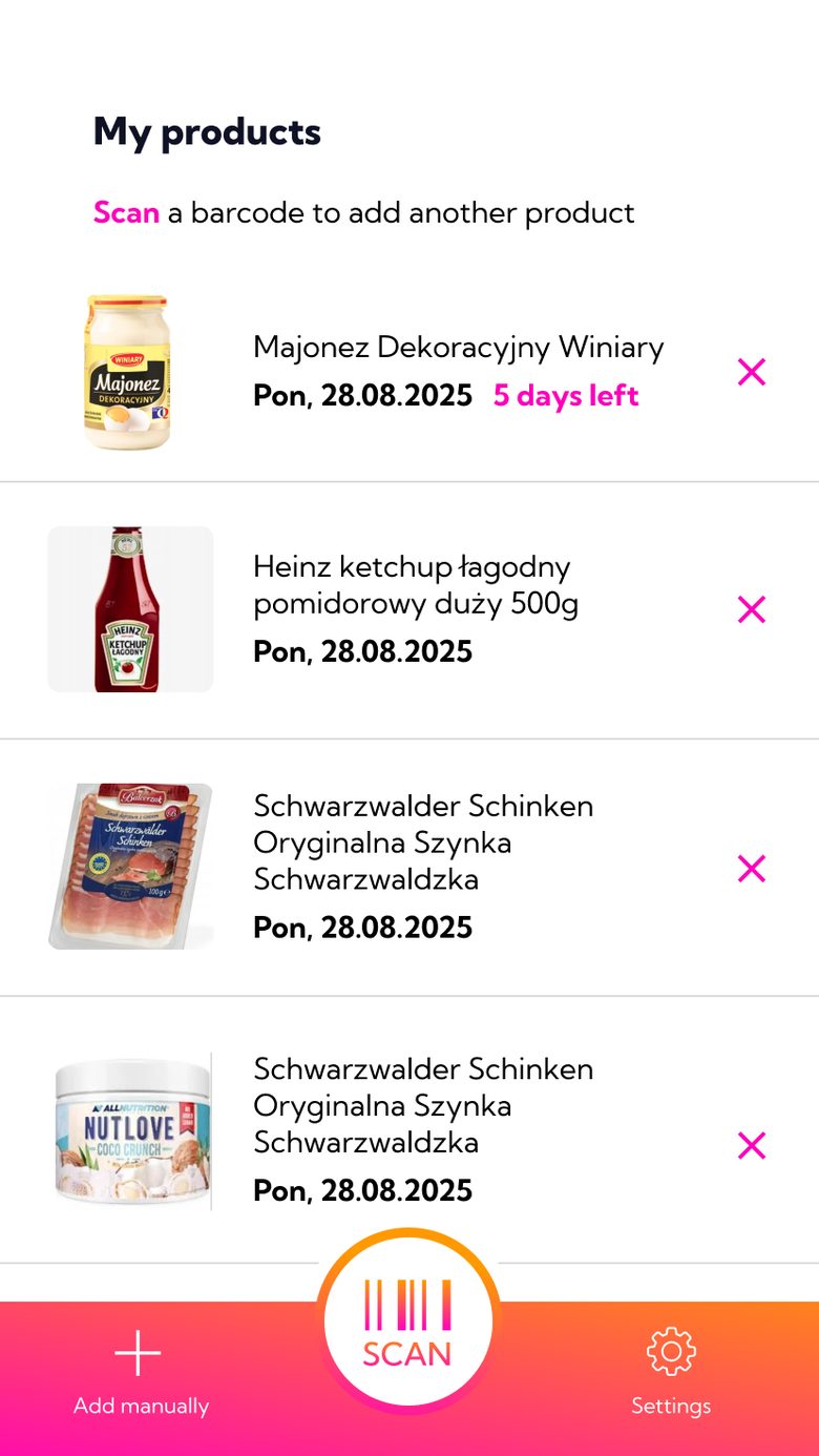 bbday My Products list of opened foods