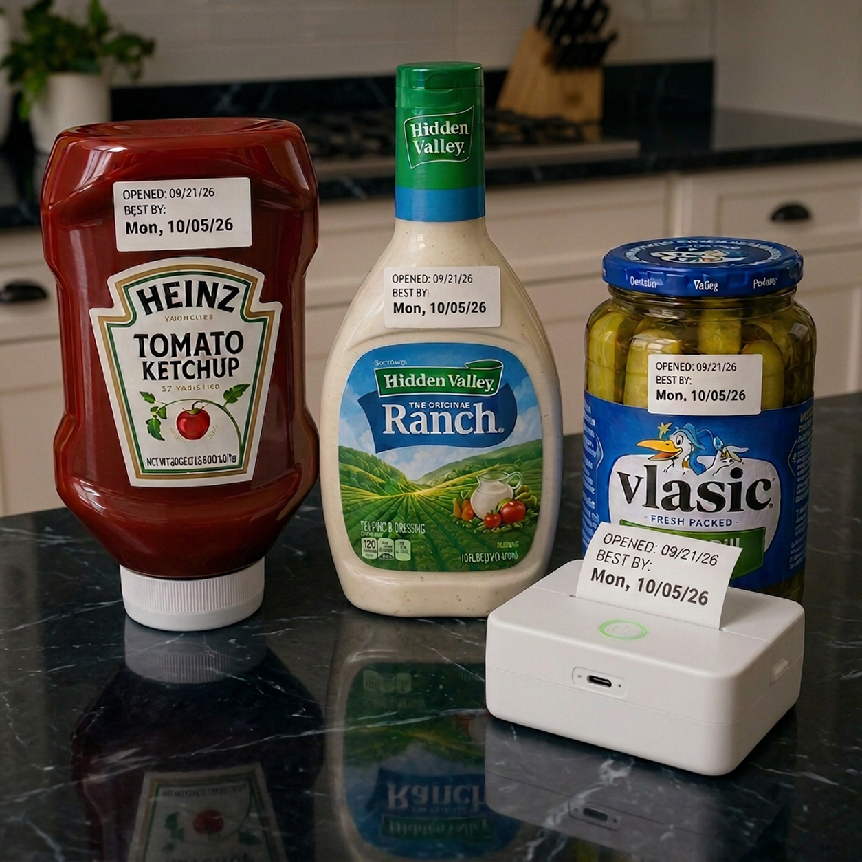 bbday printer beside ketchup, ranch, and pickles with consume-within labels