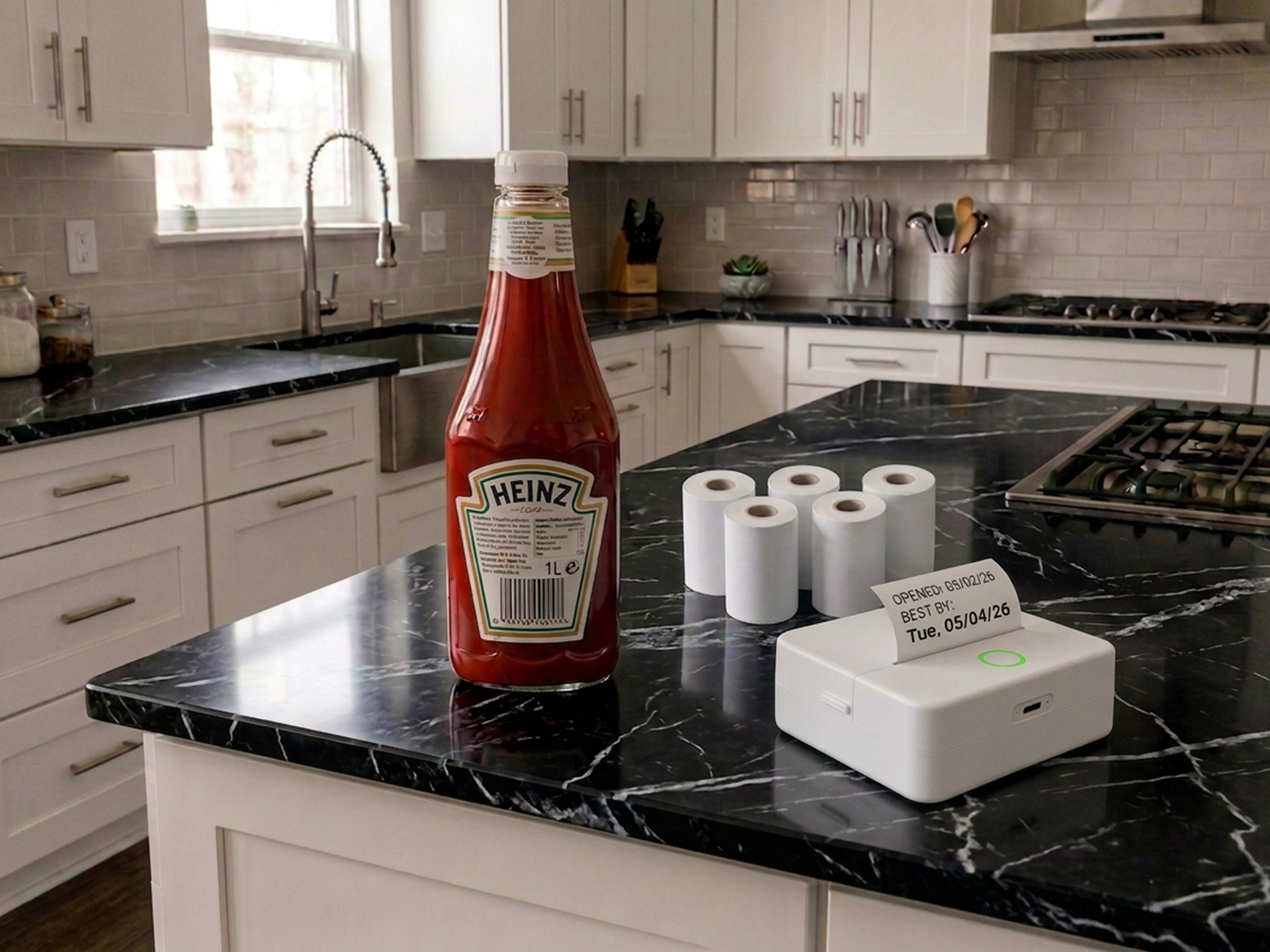 bbday printer with a printed consume-within label, ketchup, and label rolls on a kitchen counter