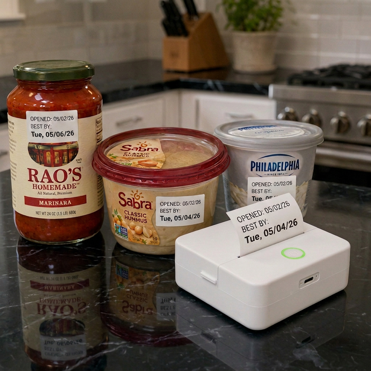 bbday printer beside labeled marinara, hummus, and cream cheese
