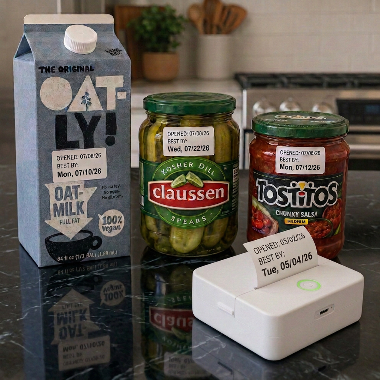 bbday printer beside labeled oat milk, pickles, and salsa