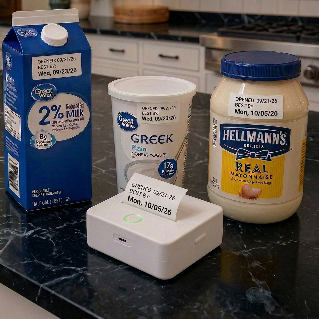 bbday printer beside labeled milk, yogurt, and mayonnaise