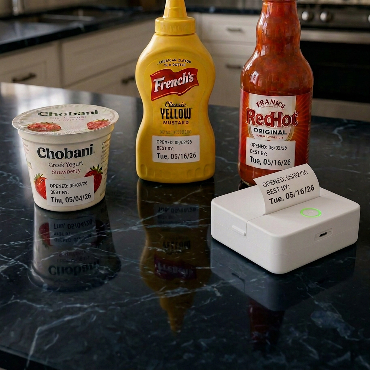 bbday printer beside labeled yogurt, mustard, and hot sauce