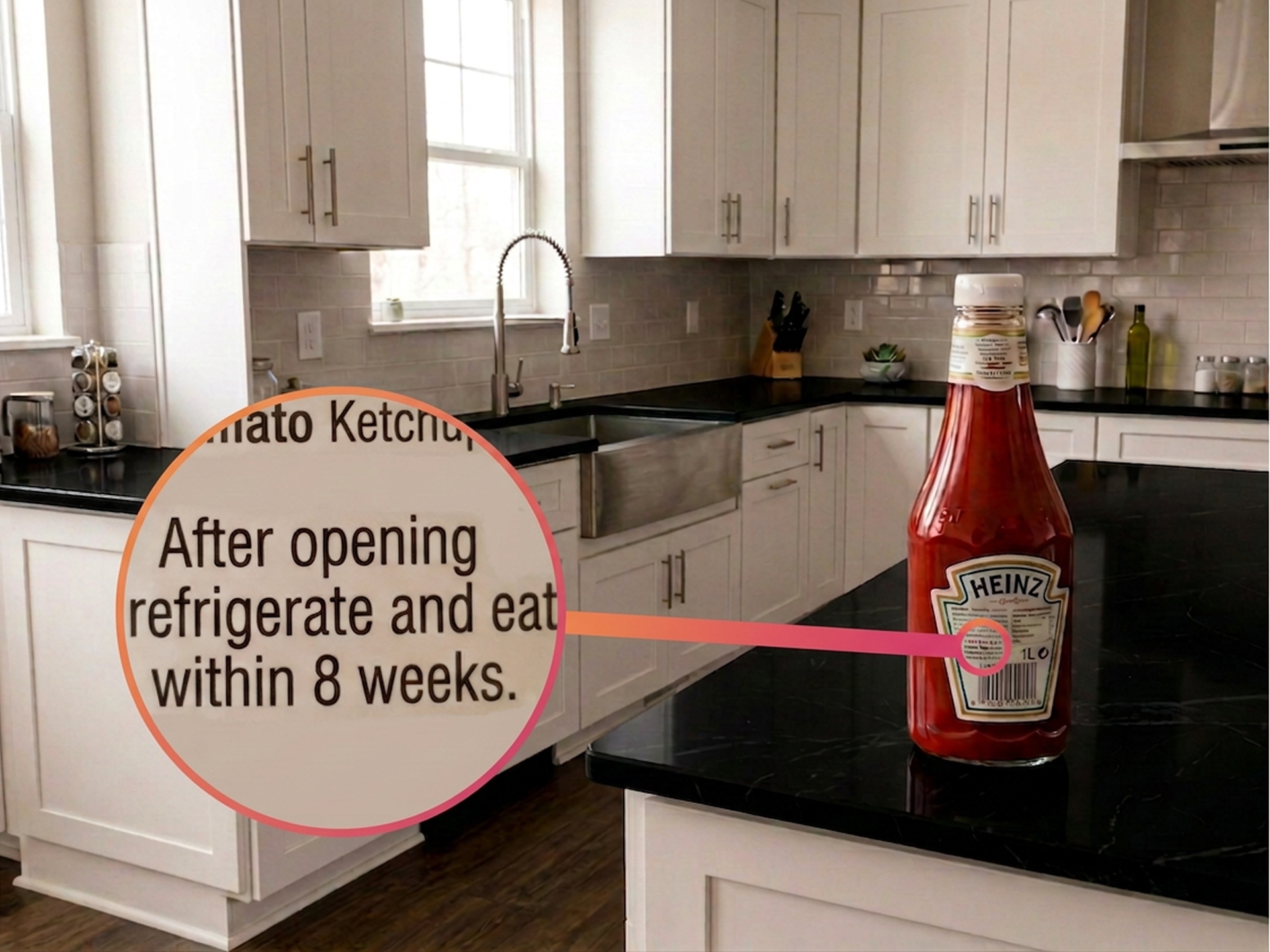 Opened ketchup on a kitchen counter, with the after-opening refrigerate instruction highlighted